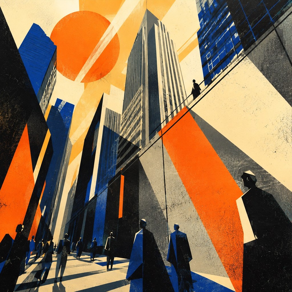Bold geometric vector illustration of sharp angular skyscrapers under a golden sun with strong diagonal shadows