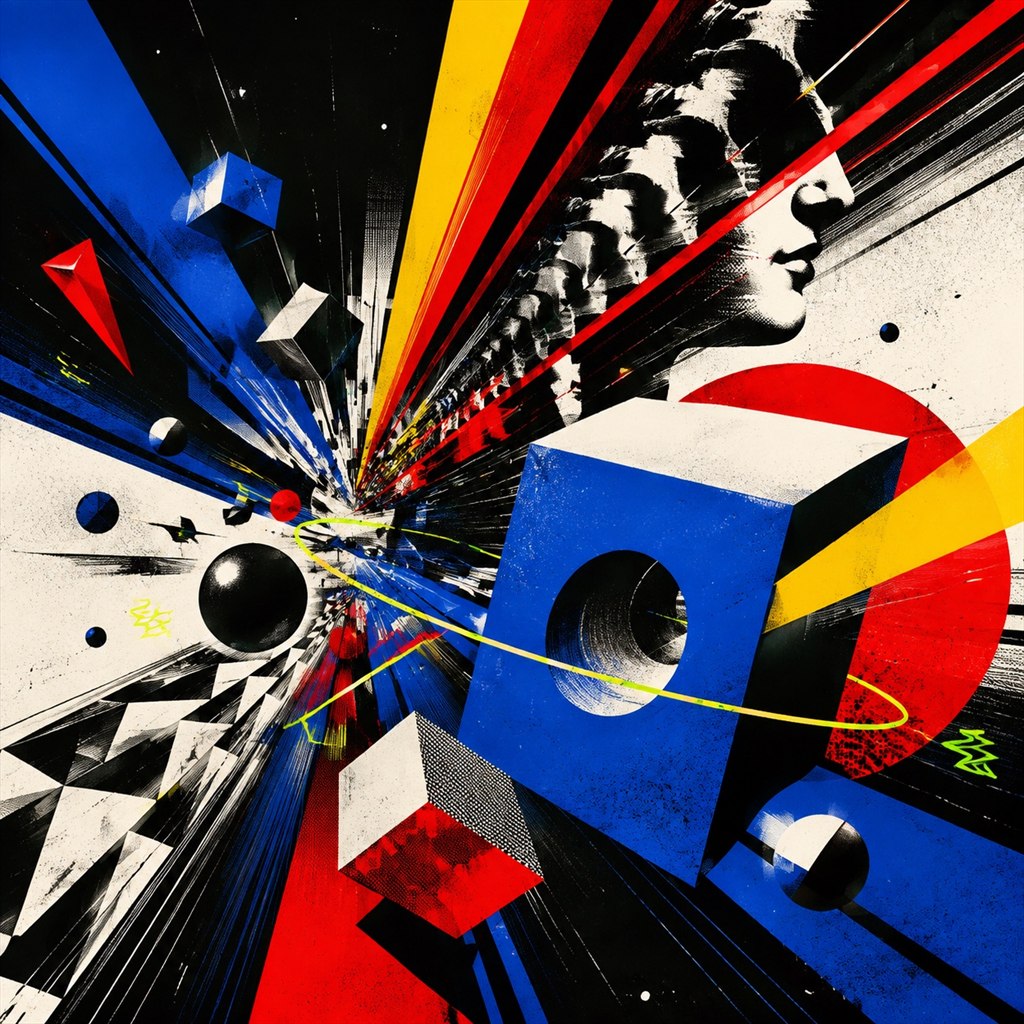 Bold graphic illustration of abstract geometric shapes exploding with dynamic motion vectors and sharp contrast