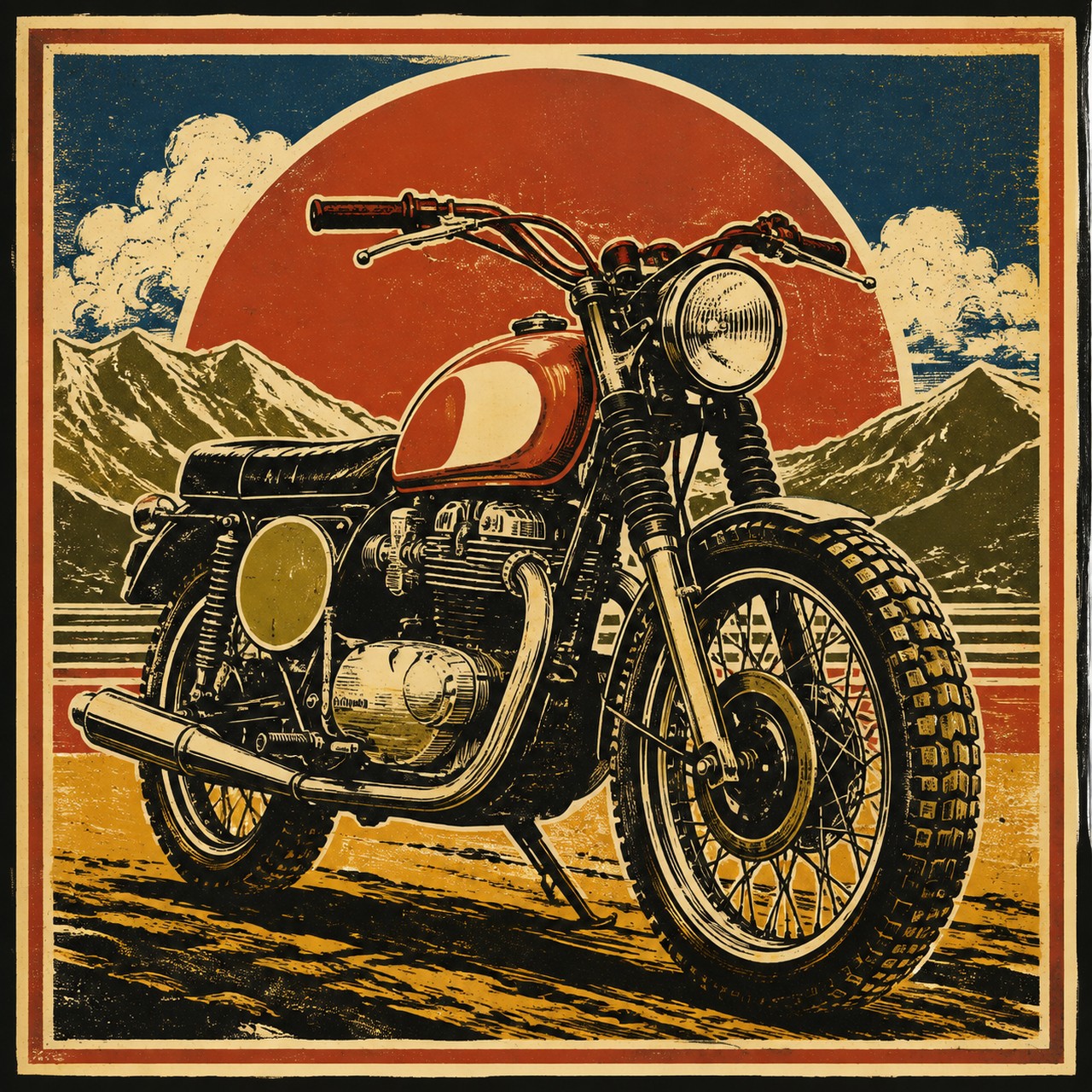 A vintage-style poster print of a classic motorcycle on a dirt road, backed by a large red sun and mountains, inside a cream and red printed border.