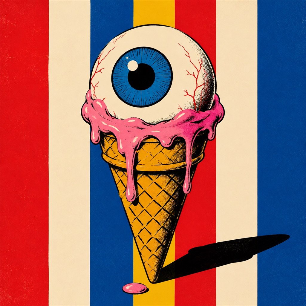 Graphic pop art illustration featuring a surreal floating eyeball inside a melting ice cream cone against a bold striped background