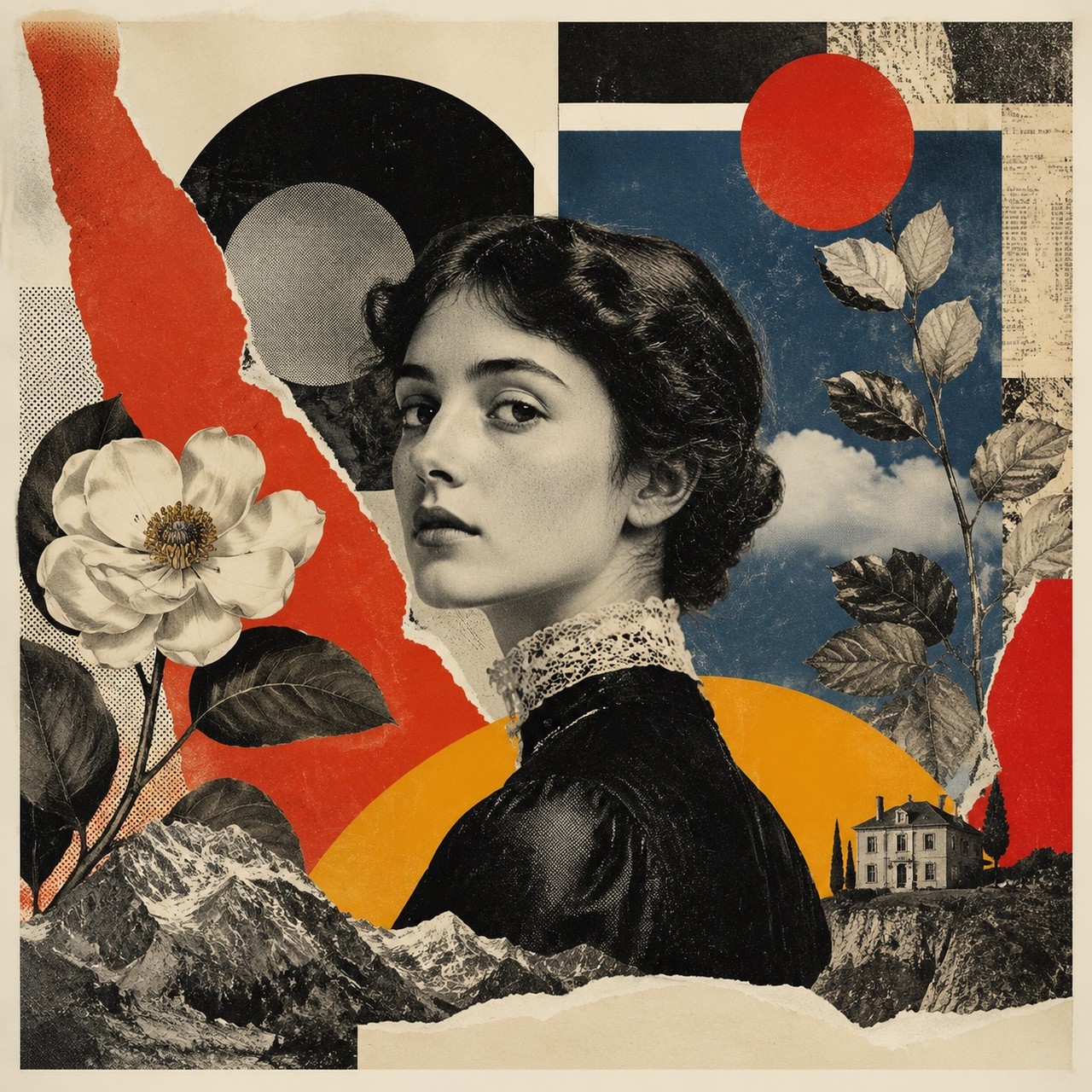 A collage combining a vintage black-and-white portrait of a woman with a torn red band, black and orange circles, a white rose, engraved leaves, a small house and mountains.
