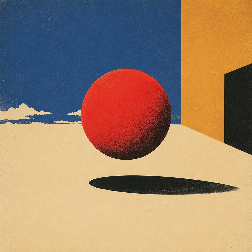 A surreal floating red sphere casting a long crisp shadow across a flat cream paper plane