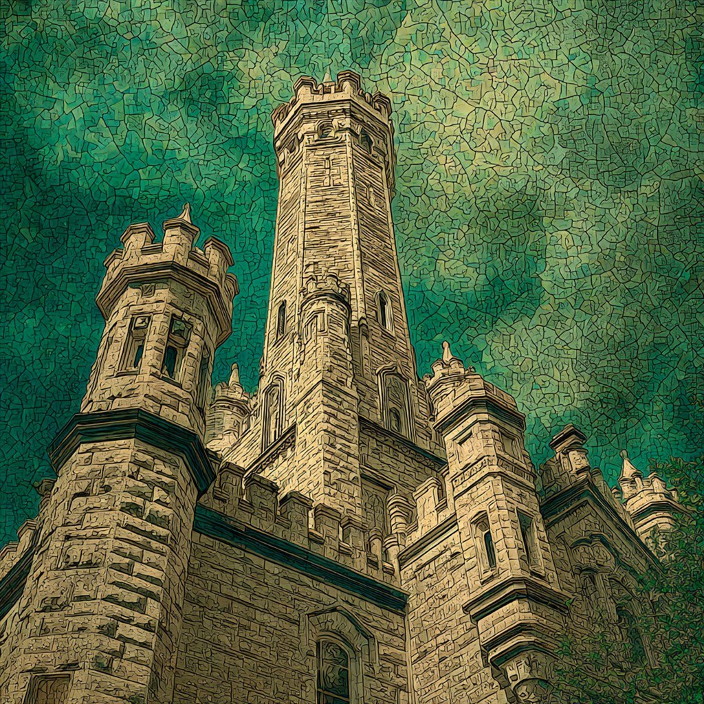 Weathered green bell towers rise through a field of cracked texture.