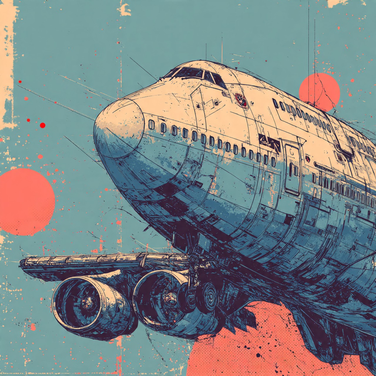 Grief in Transit: airplane, floating machine, coral sun, technical collage, flight.