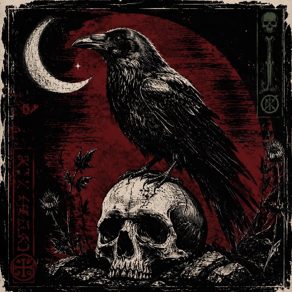 Dark gothic woodcut engraving of a mysterious raven perched on a skull under a crescent moon