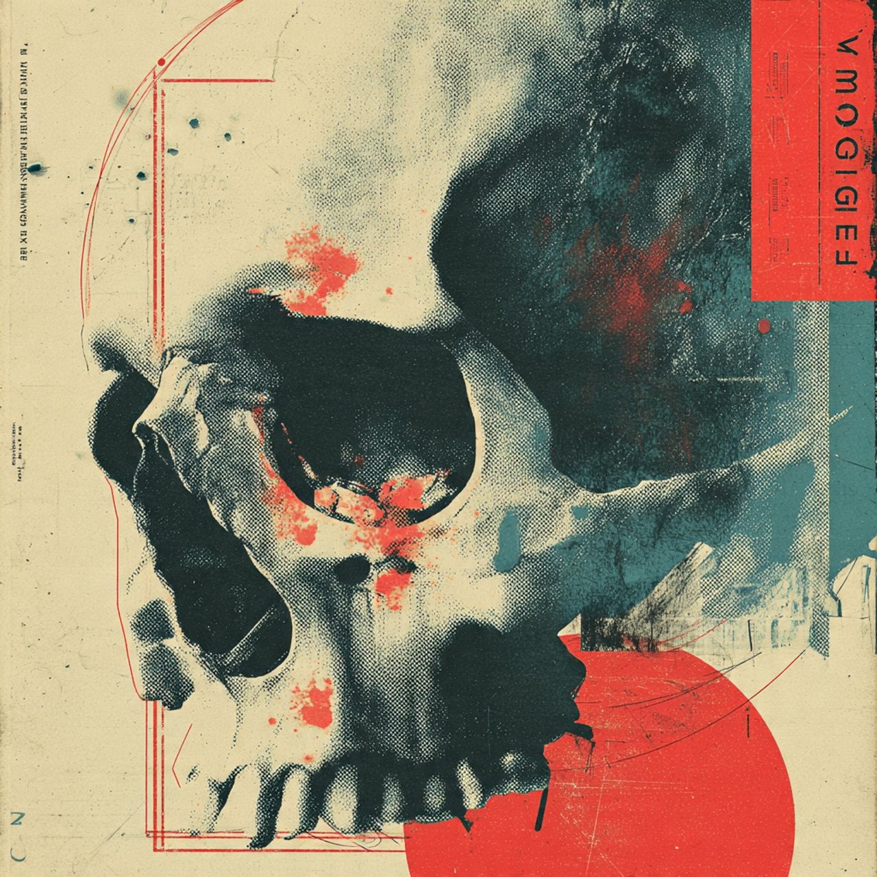 A large human skull in profile rendered in coarse black halftone on cream paper, spattered with red, with a red vertical panel of reversed lettering and thin technical registration lines and microtext.