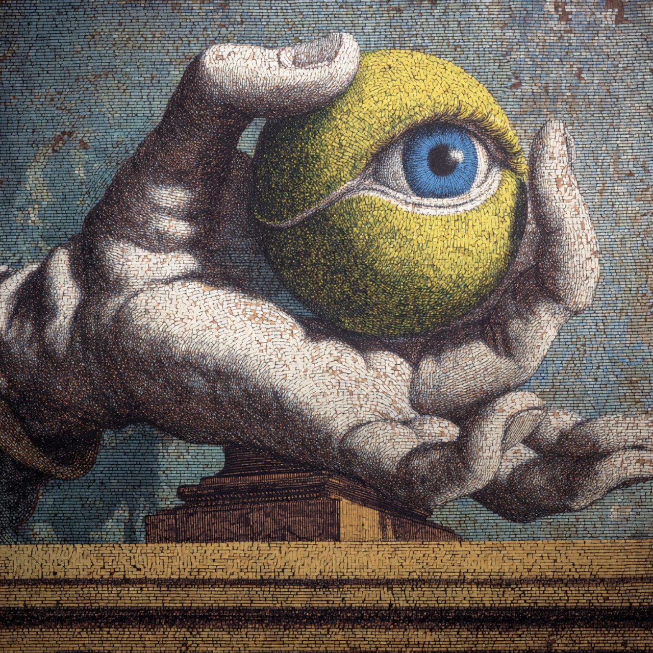 A mosaic-style image of two large pale hands cradling a yellow-green sphere that contains a single wide blue eye, above a small dark plinth and a decorative gold band.