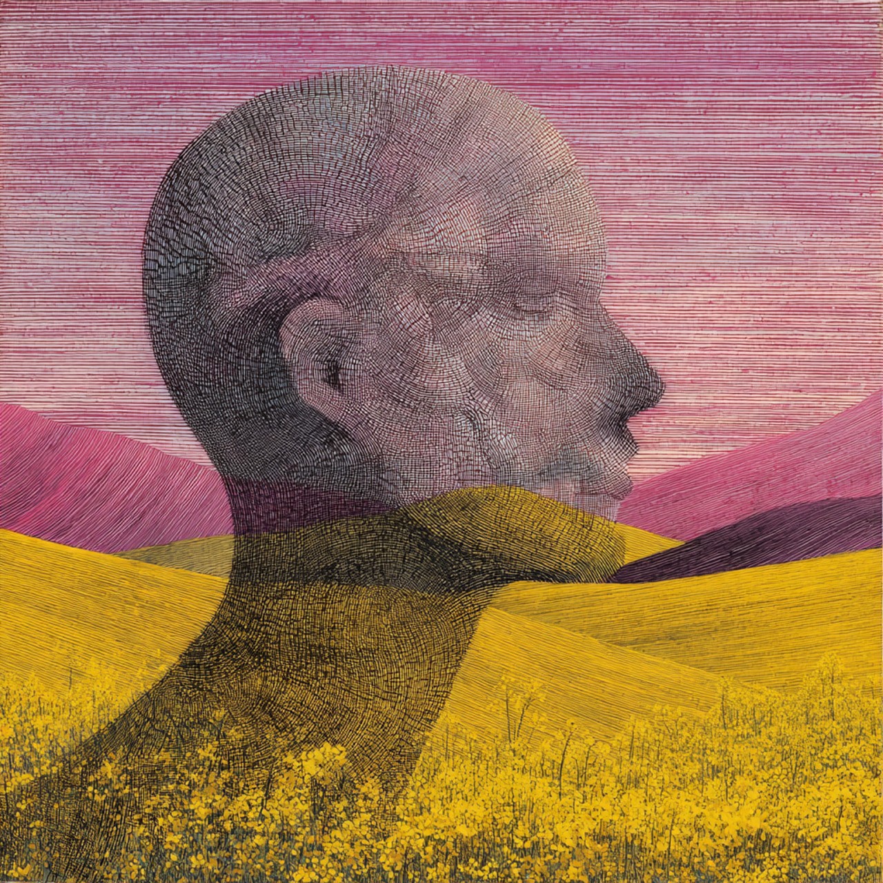 A crosshatched engraving of a bald head in profile with closed eyes, its neck dissolving into a yellow flowering field, with pink and magenta hills behind under a striped pink sky.