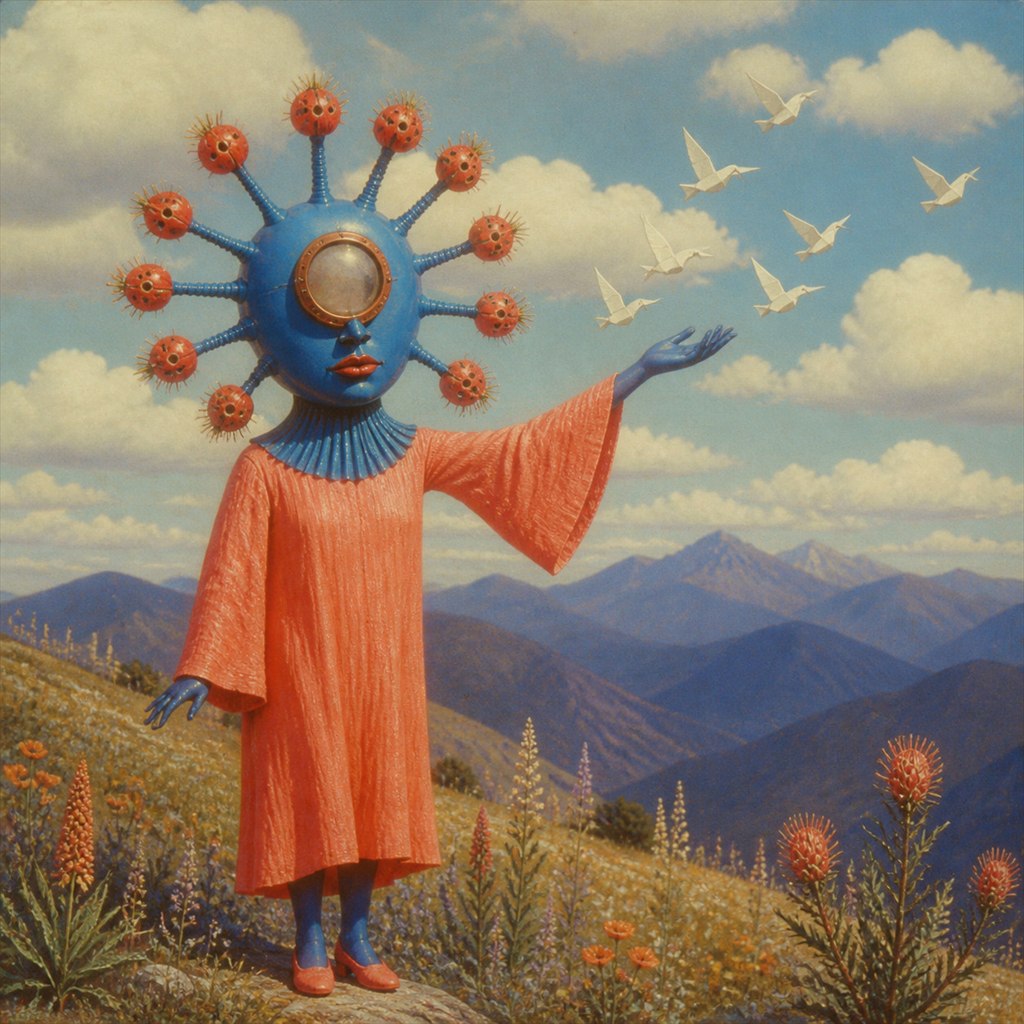 Herald of the Orbit Bloom: coral-robed herald, orbiting bloom mask, released doves, alpine meadow.
