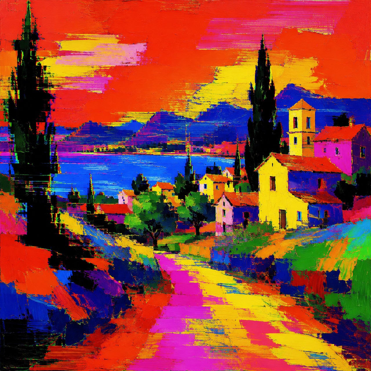 A thickly painted village landscape with cypress trees, white houses with red roofs, a bell tower, a blue bay and a red-orange sky, worked in palette-knife strokes.