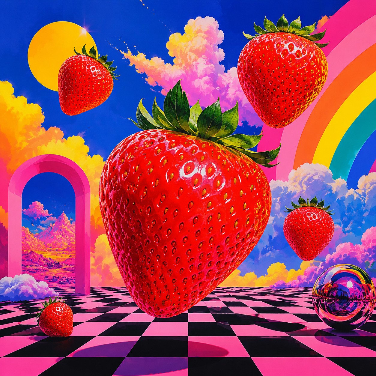 Vibrant surreal pop art composition of giant floating strawberries and neon rainbow clouds over a checkerboard plane