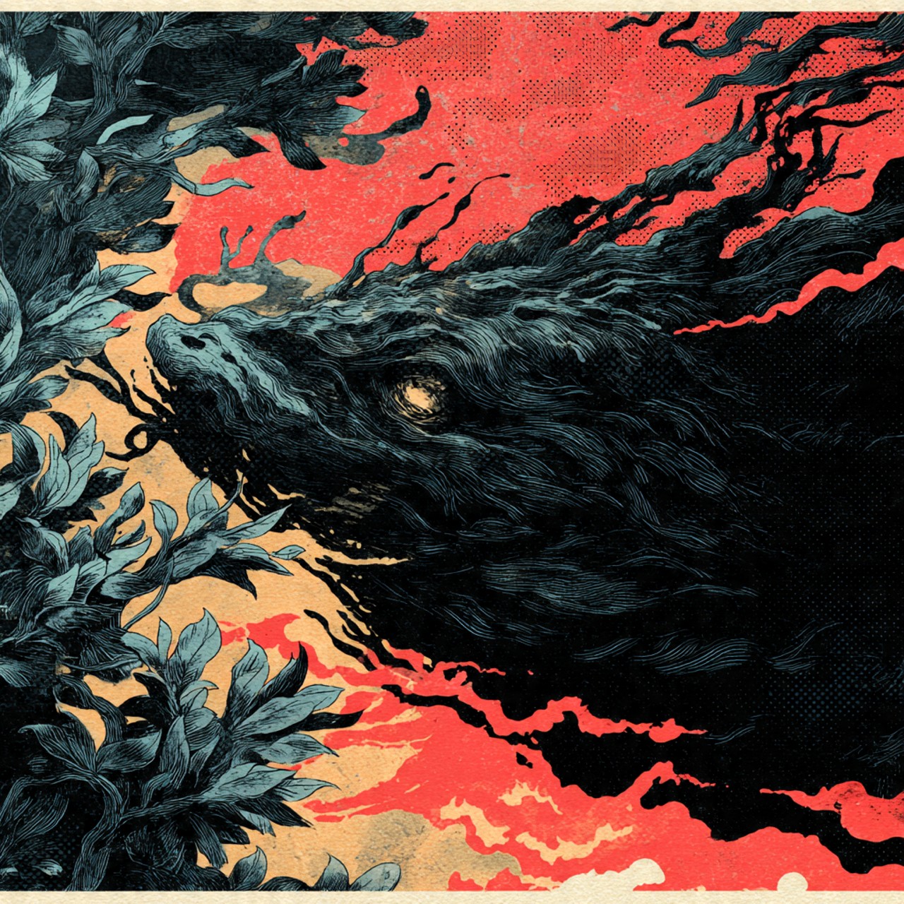 A black bear emerges through dark foliage against an electric coral-red sky in a hand-inked print style.