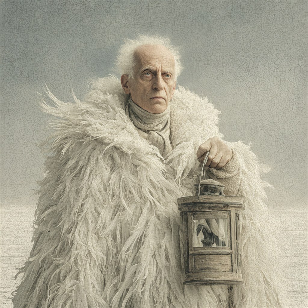 An elderly keeper carries a lantern through a white windswept landscape.