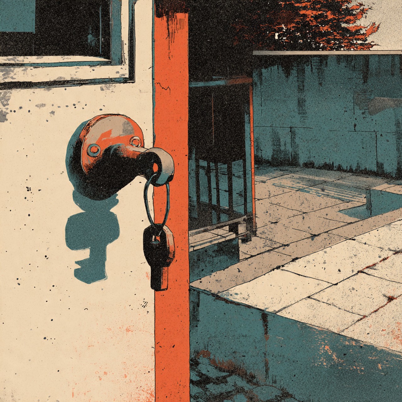 Key to the Threshold: door handle, hanging key, architectural detail, coral circle, graphic print.