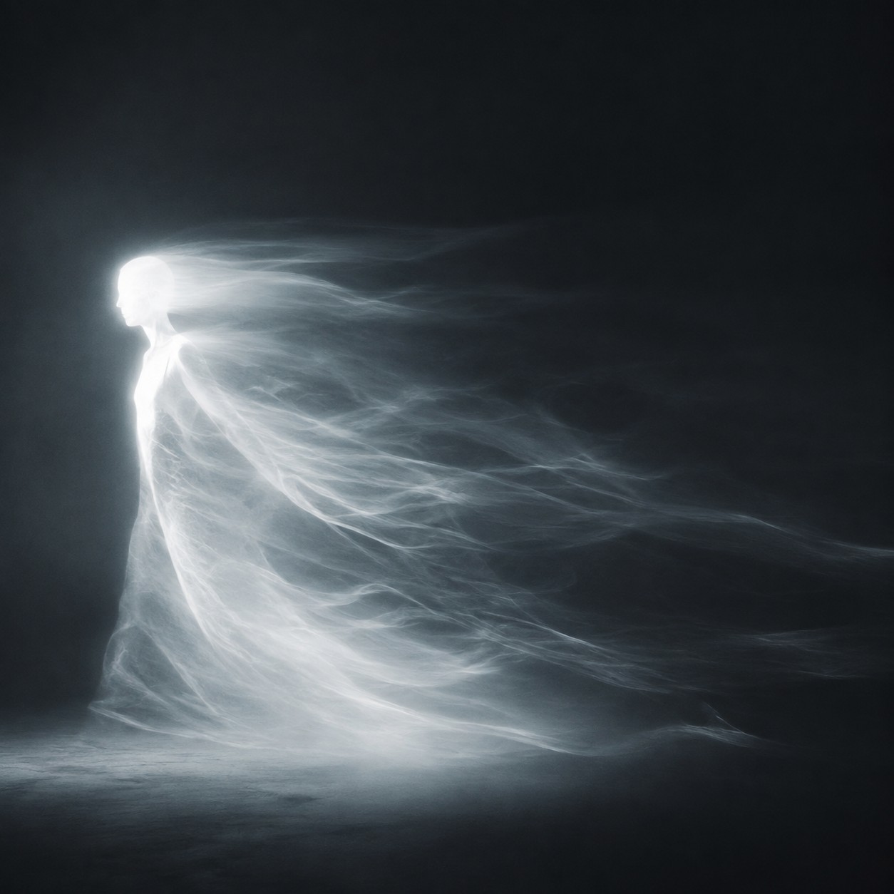 A ghostly white silhouetted figure dissolving into fluid wisps of smoke across a minimalist dark field