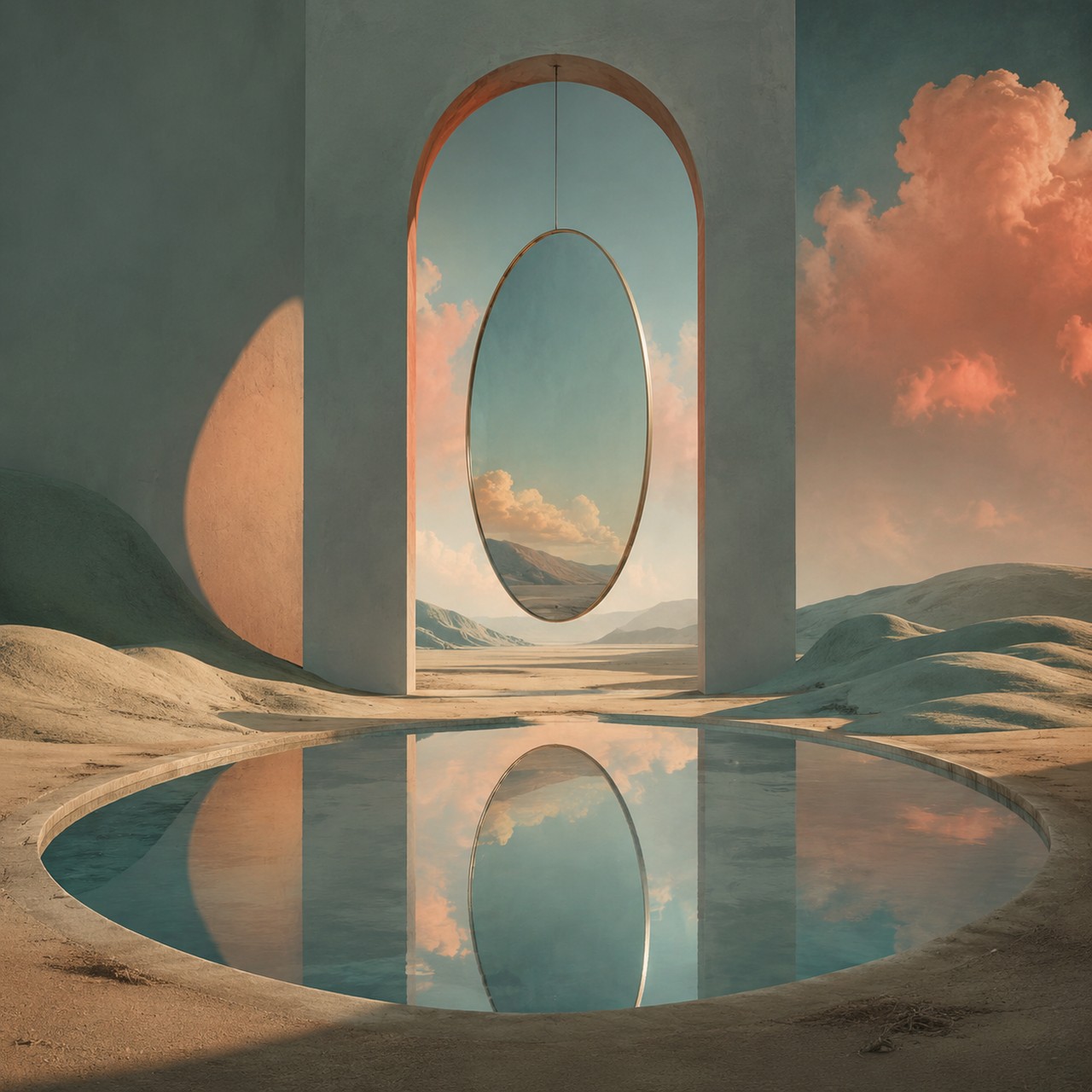 A concrete arch holding a large oval mirror stands in a desert basin above a still circular pool, with coral clouds at the right.