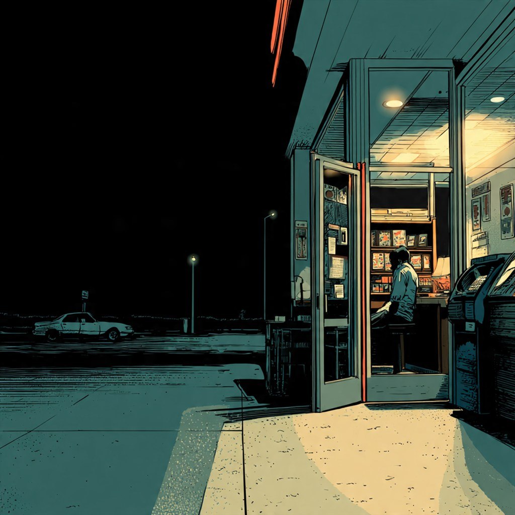 A lit roadside market holds the final human presence in a dark empty street.