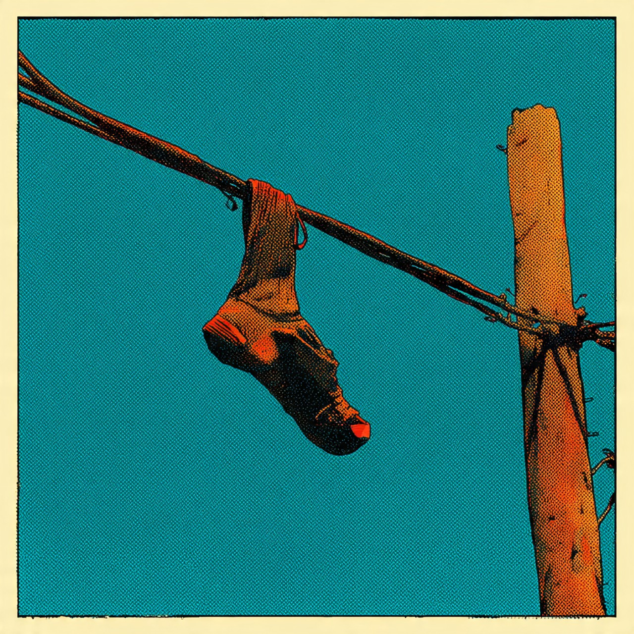 Last Sock on the Line: single sock, power line, blue sky, minimal object, graphic print.
