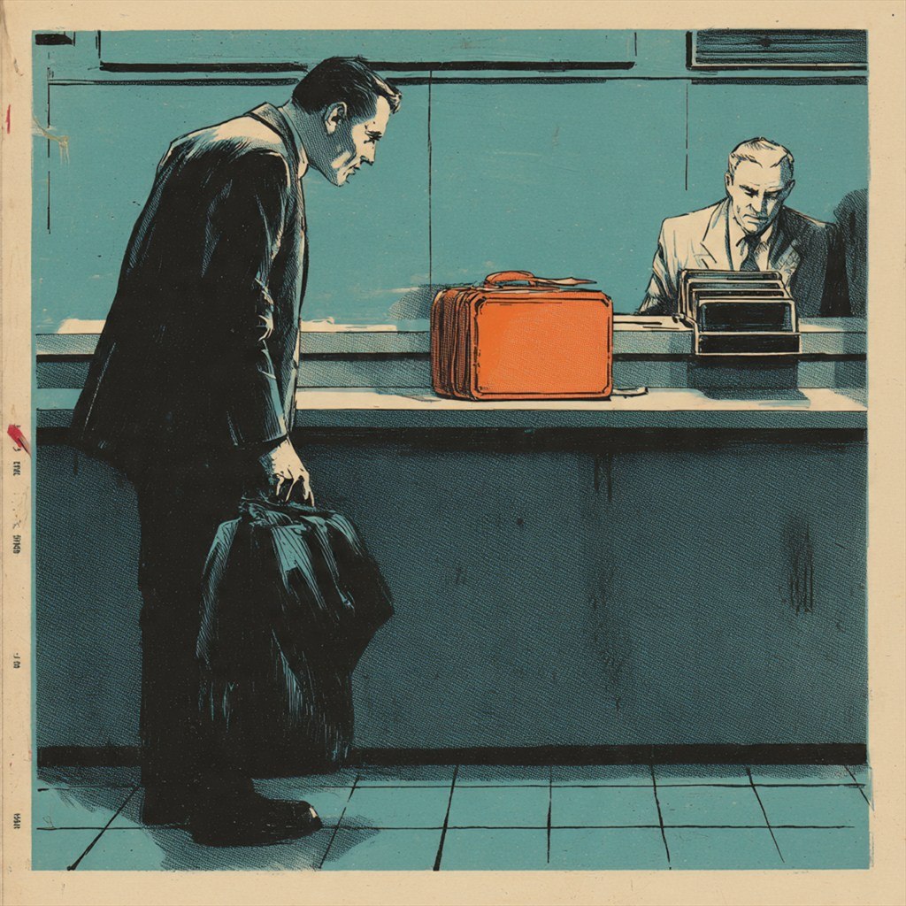 Two figures meet across a service counter beneath restrained blue light.