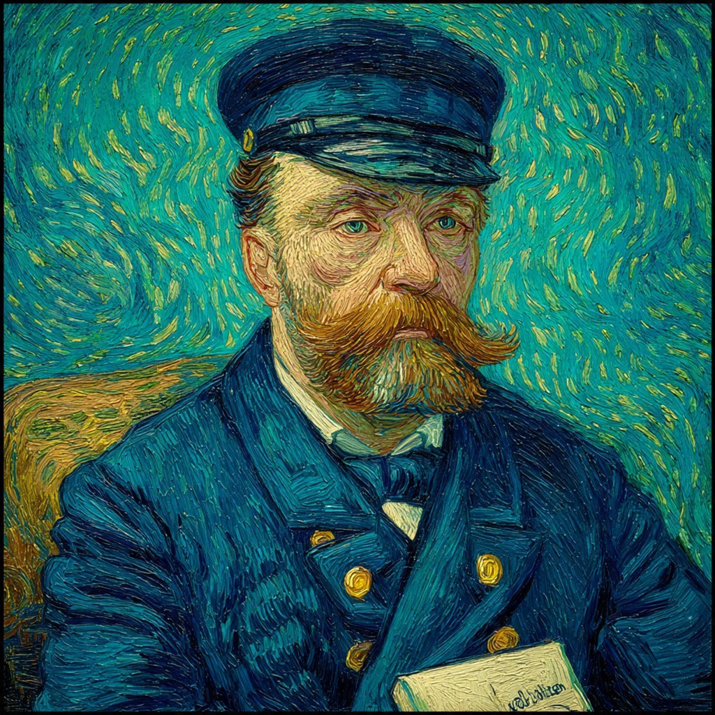 A blue-coated letter carrier looks outward beneath a field of restless yellow.