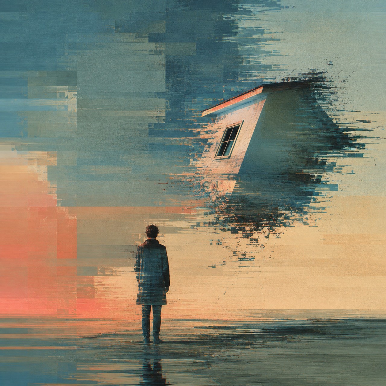 A pixel-stretched house tears apart into horizontal streaks of teal and rust above a lone figure standing in shallow water.