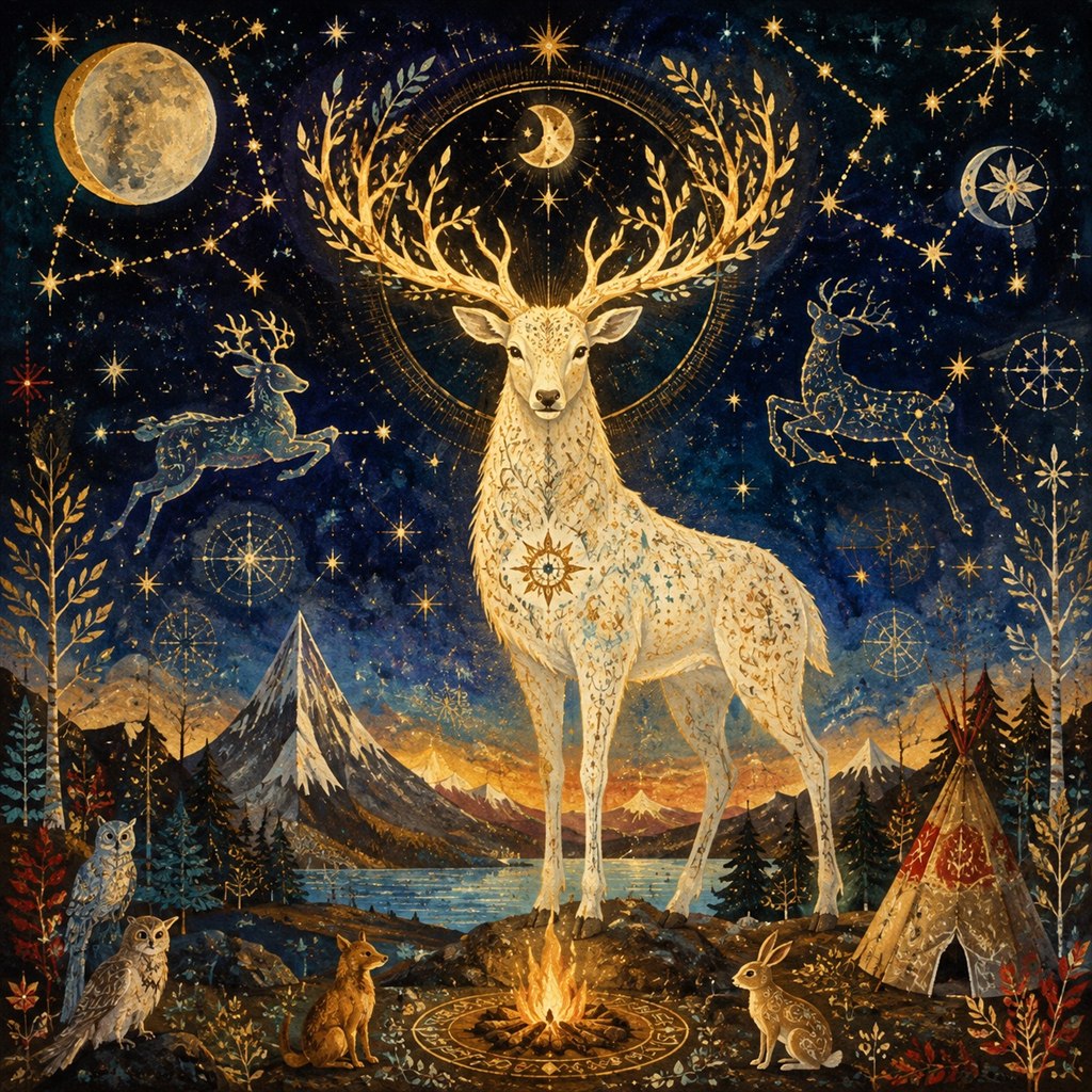 Luminous folklore illustration of a magical glowing spirit stag surrounded by starry celestial constellations