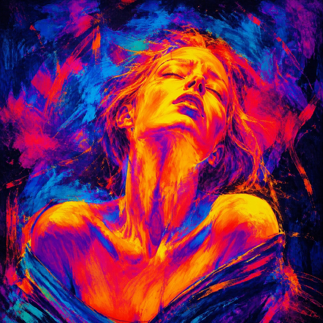 An expressionist portrait of a woman with her head tilted back and eyes closed, painted in fluorescent orange, magenta and blue strokes.