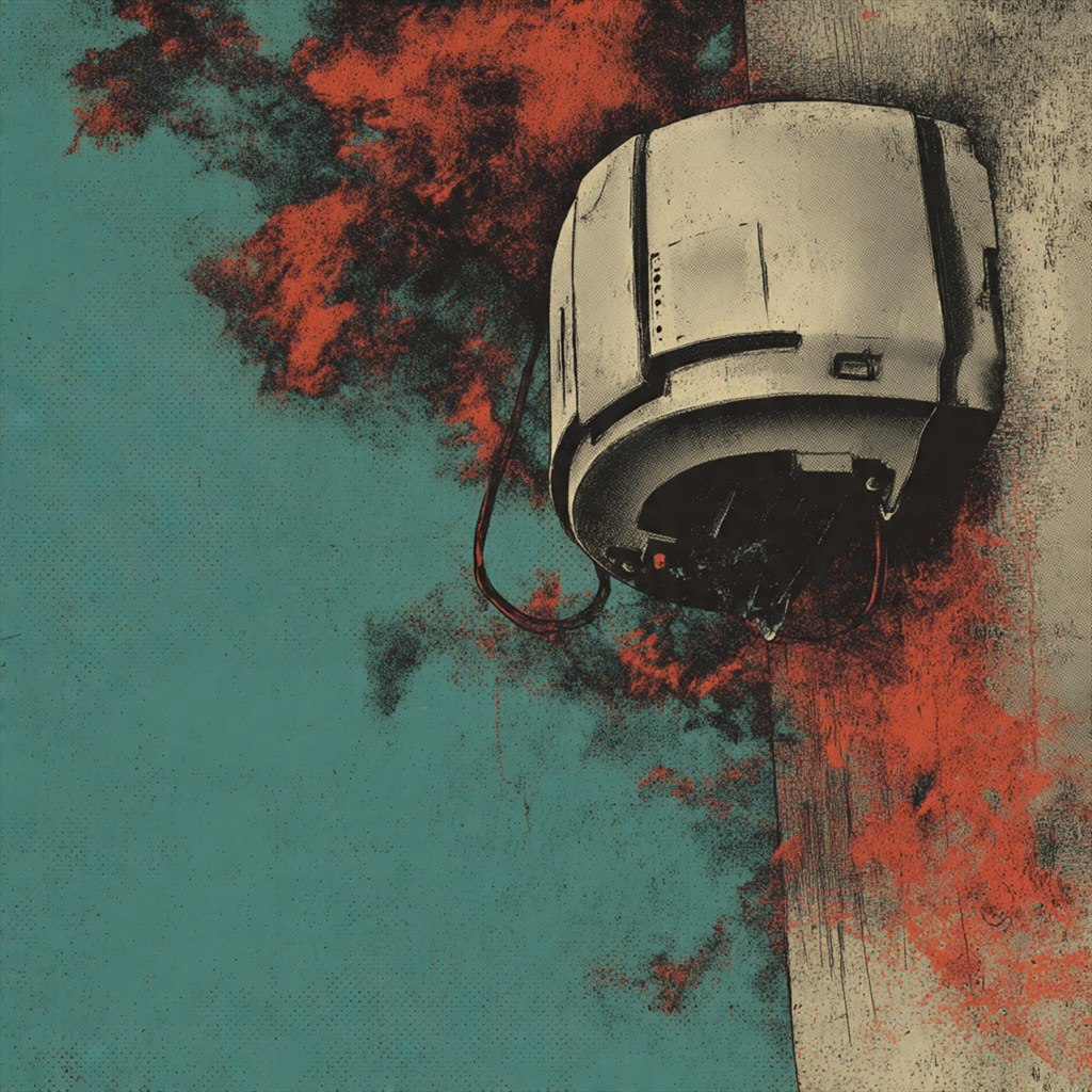 A pale machine hangs inside black smoke and a red electrical bloom.