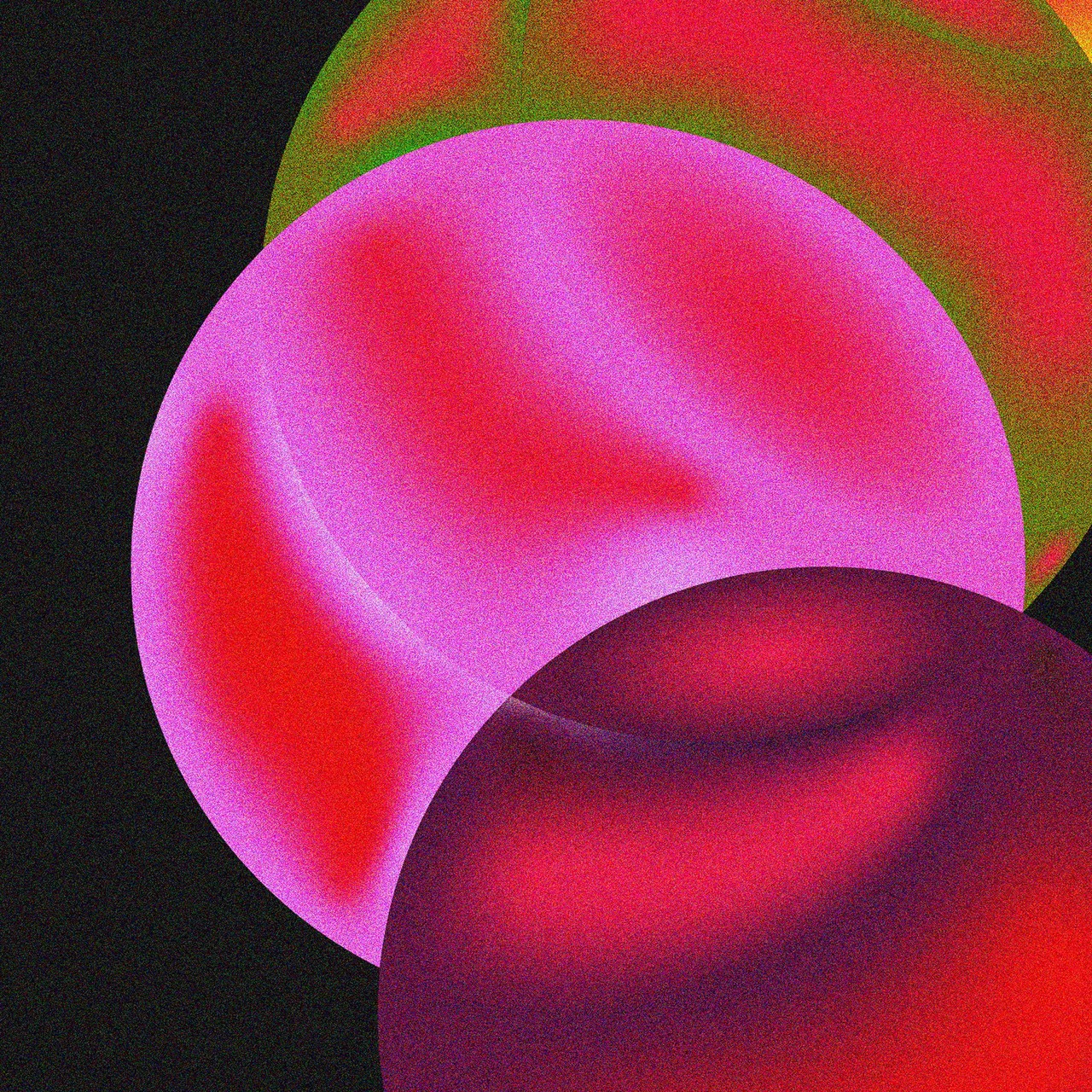 Three overlapping grainy circles in magenta, red and green float against a flat black field, their edges soft and their interiors mottled with noise.