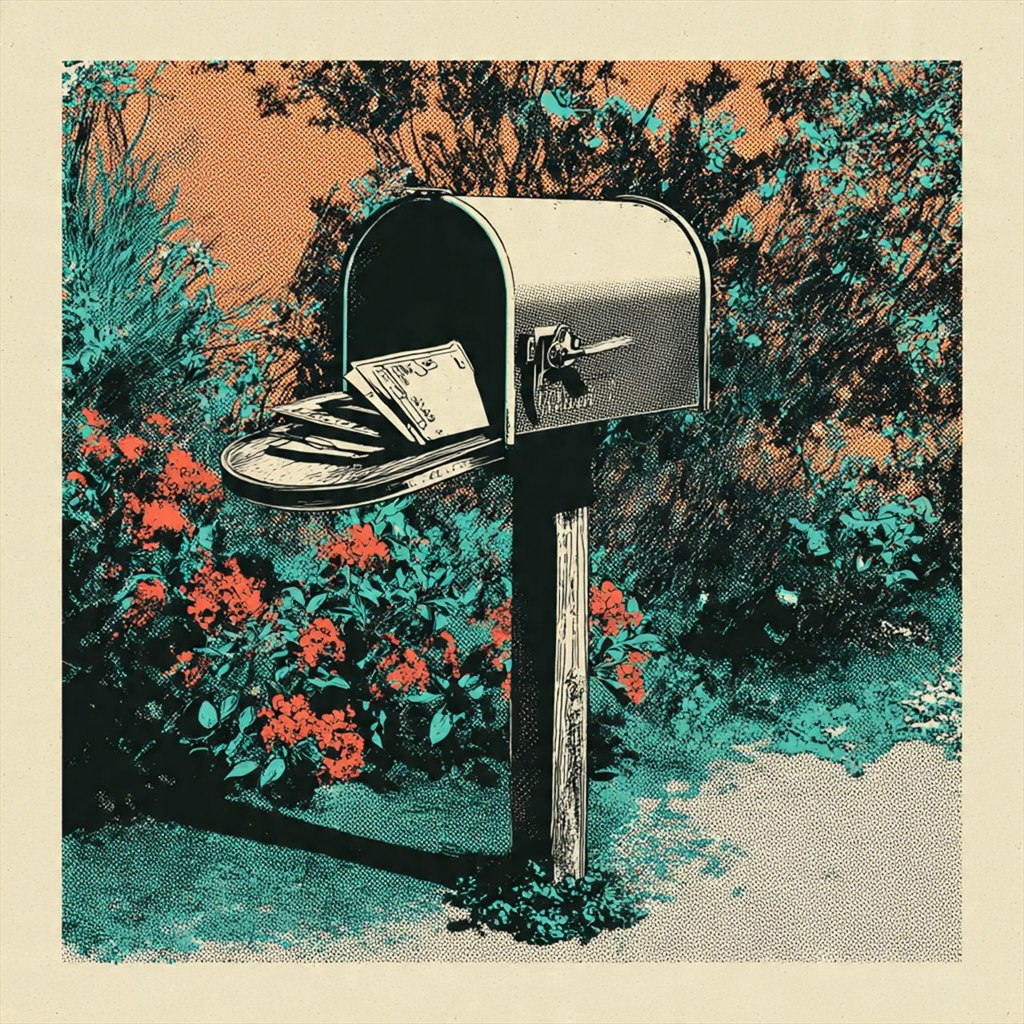 Mailbox Garden: mailbox, flowers, outdoor object, coral and cyan, surreal illustration.