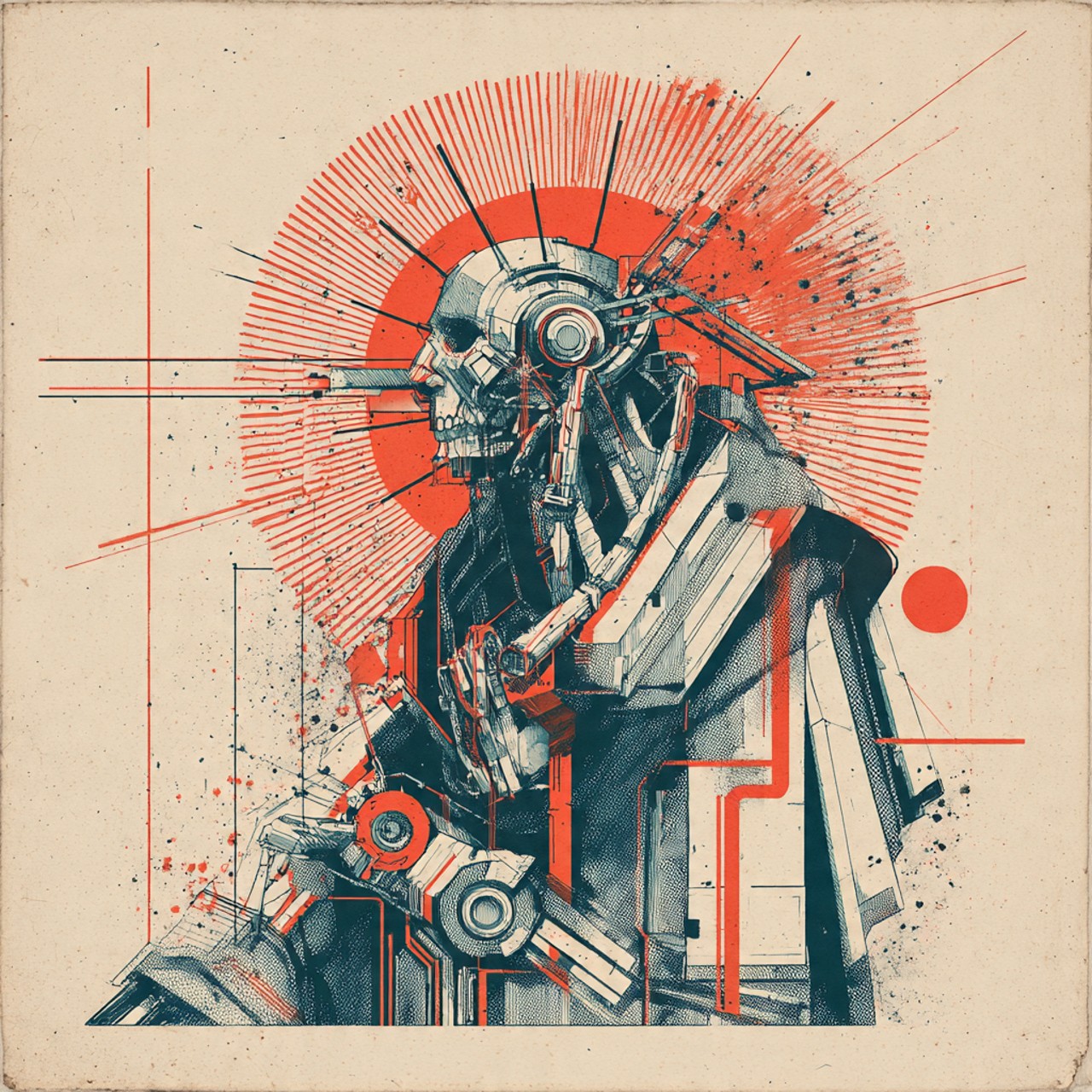 Mechanical Saint: cybernetic figure, mechanical form, halo, technical collage, red.