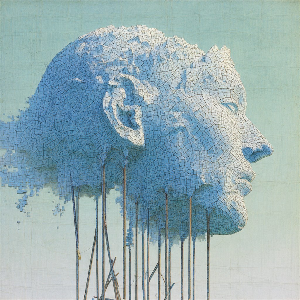 A monumental blue head dissolves into thin streams above an empty ground.