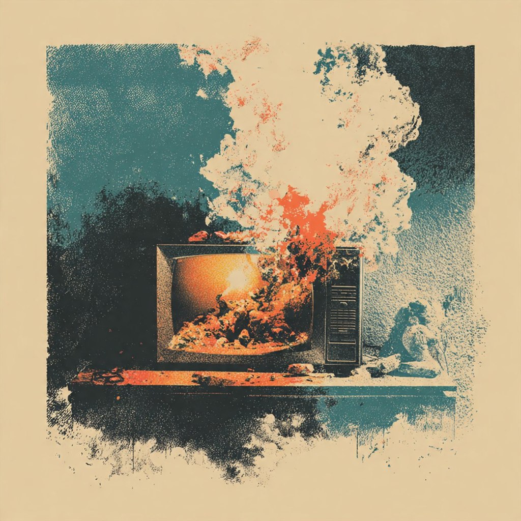 Microwave Bloom: microwave, bursting flowers, domestic object, surreal flame, cyan wall.