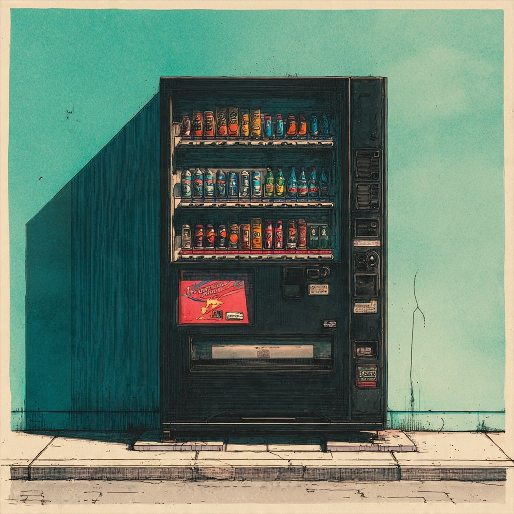 A vending machine glows alone against a broad turquoise wall.