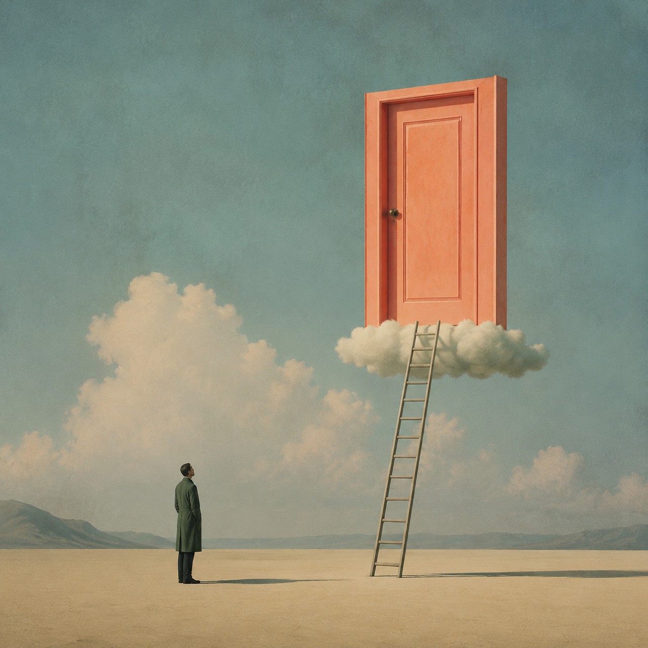 A coral-pink door stands on a small white cloud in a pale desert, reached by a wooden ladder, while a man in a long coat watches from the ground.