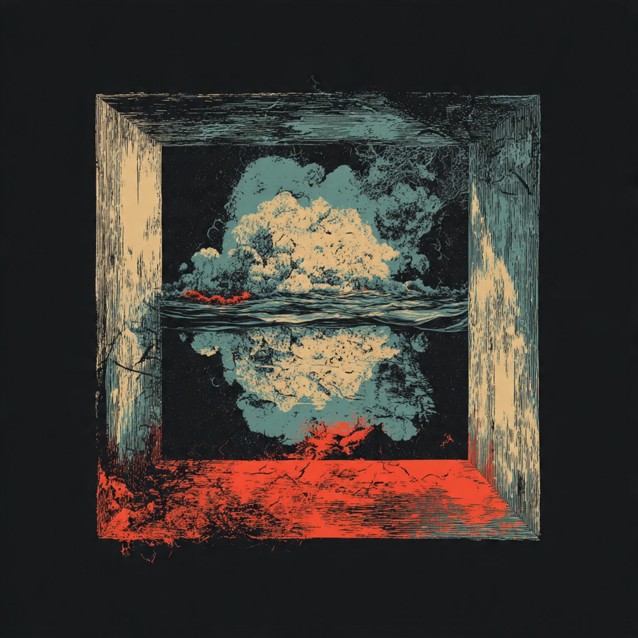 Mirror Box: shipping box, mirror interior, clouds, contained sky, surreal object.