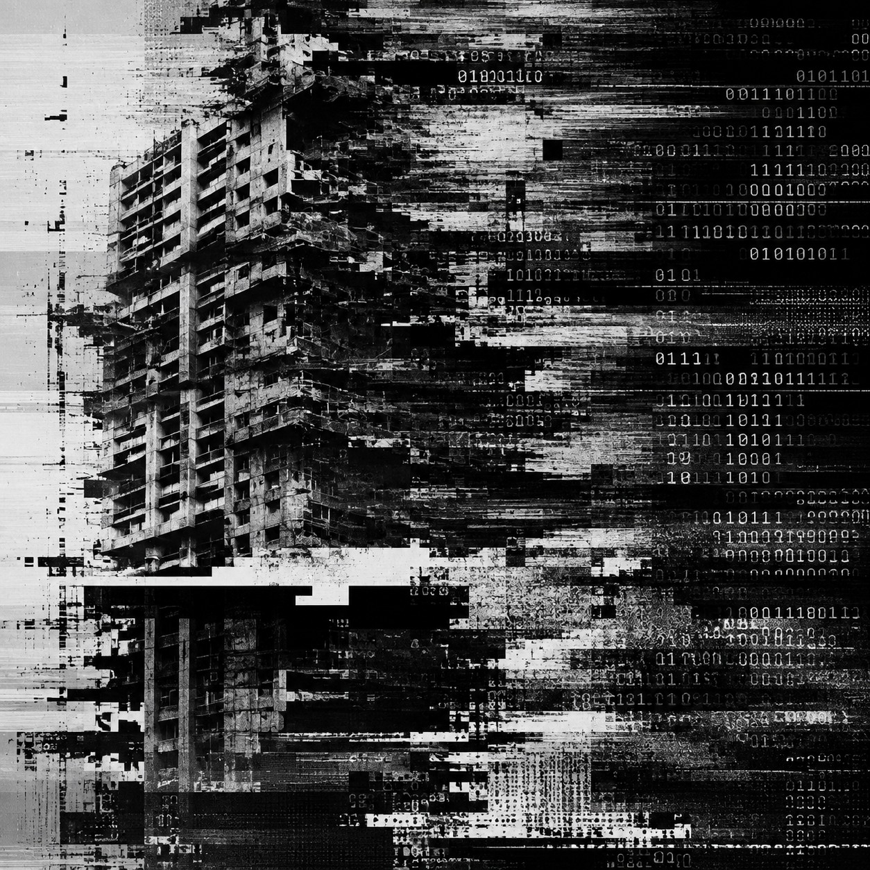 A crumbling skyscraper facade fragmenting into digital noise, binary code, and horizontal static scanlines