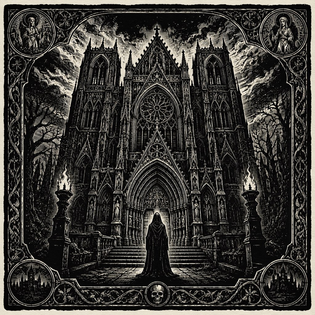 Detailed linocut print of a gothic cathedral cathedral facade with dramatic black ink shading and linework