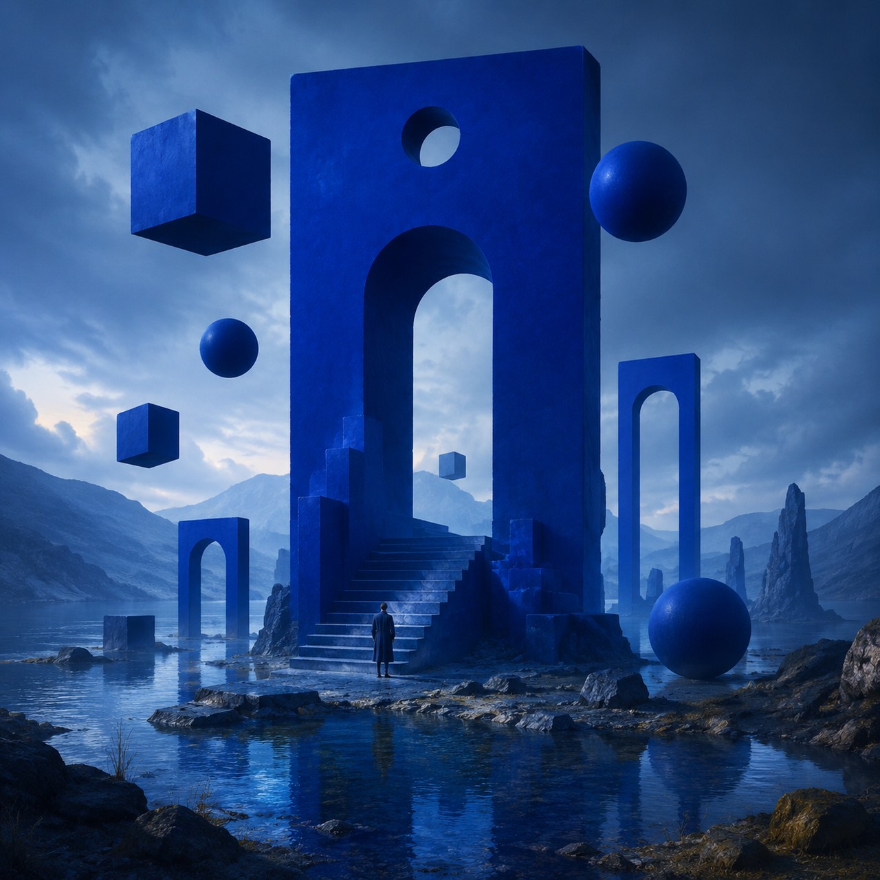 A monumental cobalt archway with a circular opening rises from a lake, surrounded by floating blue cubes and spheres, smaller arches, and a small figure at the foot of a staircase.