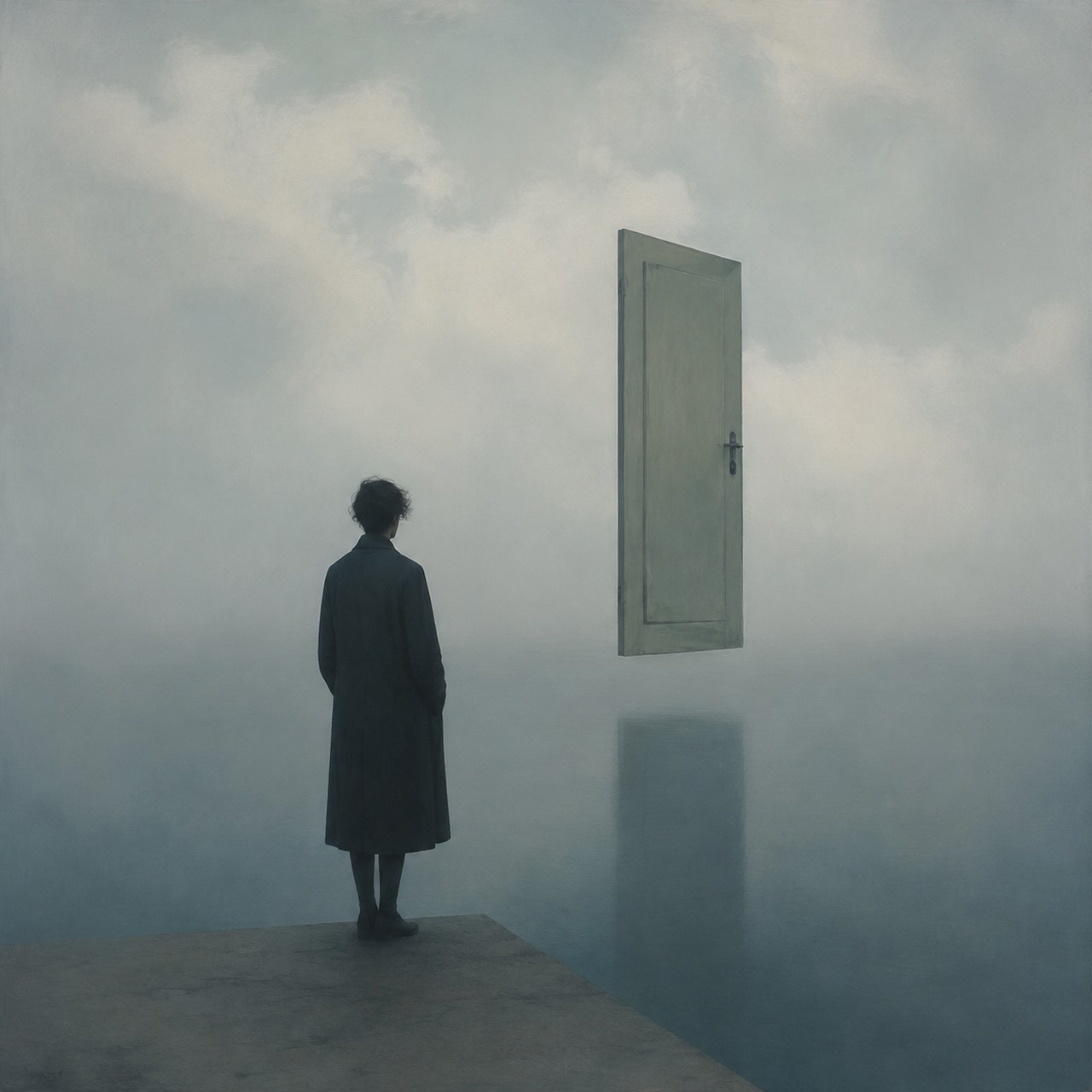 A figure in a long dark coat stands on a concrete ledge above still water, facing a pale door floating in heavy fog.