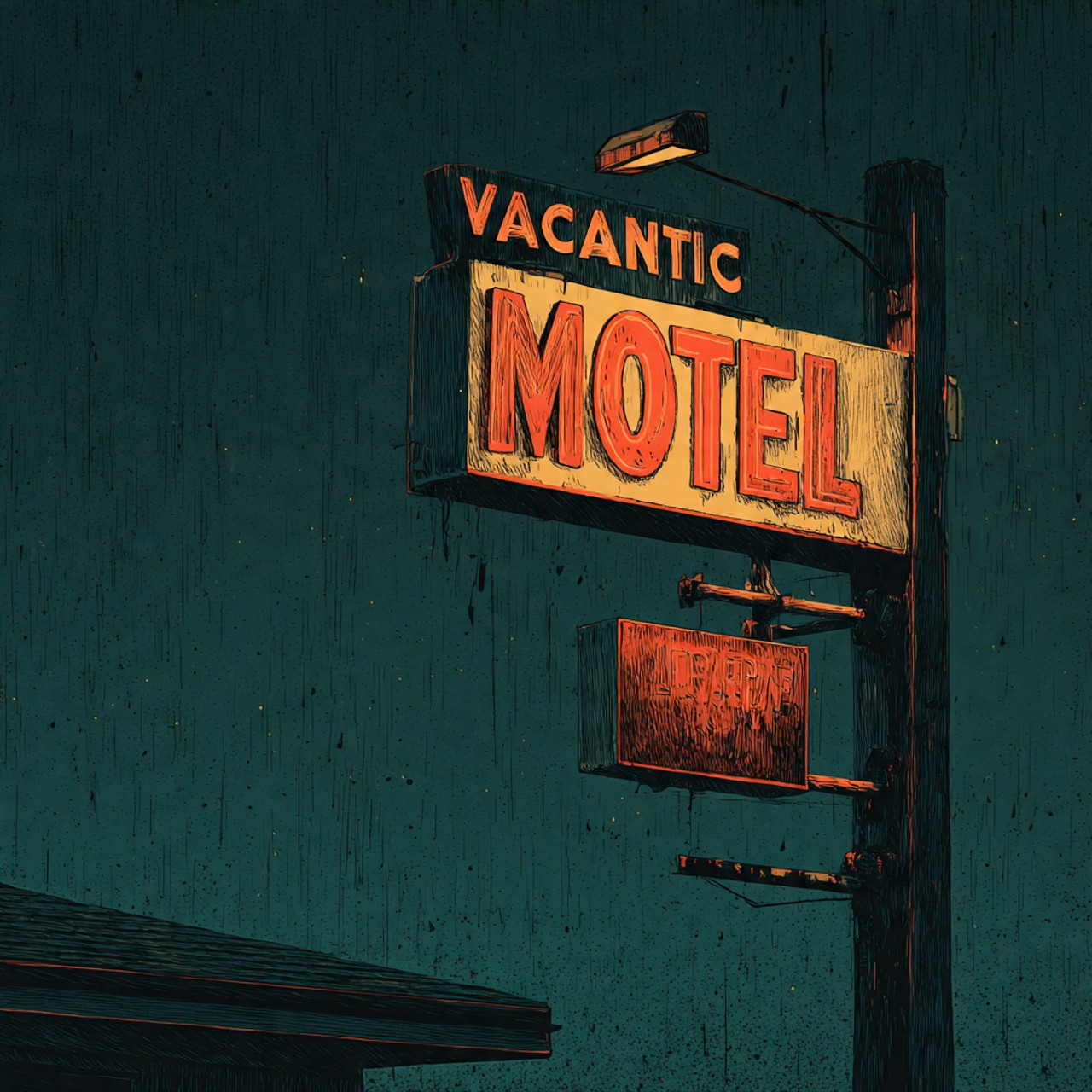 A lit roadside motel sign reading VACANTIC MOTEL glows orange and red on a wooden post against a deep teal night wall, with a dark roofline in the lower corner.