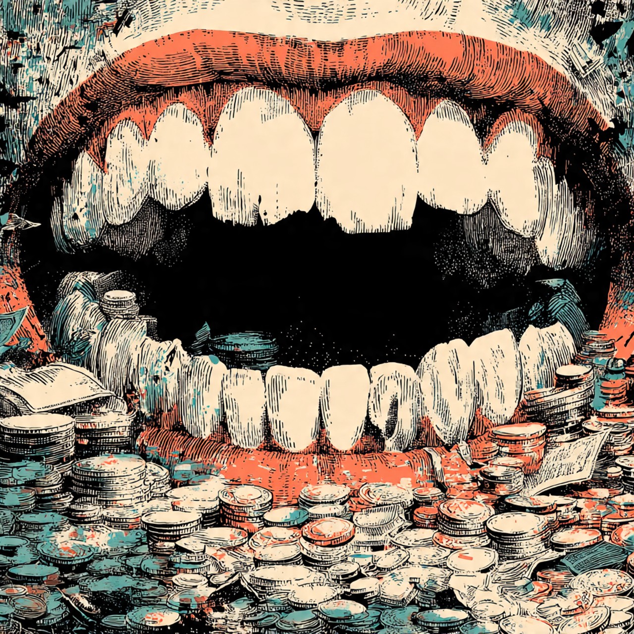 A screenprint-style illustration of a huge open mouth with large teeth and red lips, its lower jaw buried in heaps of loose coins, with an open book lying at the left edge.