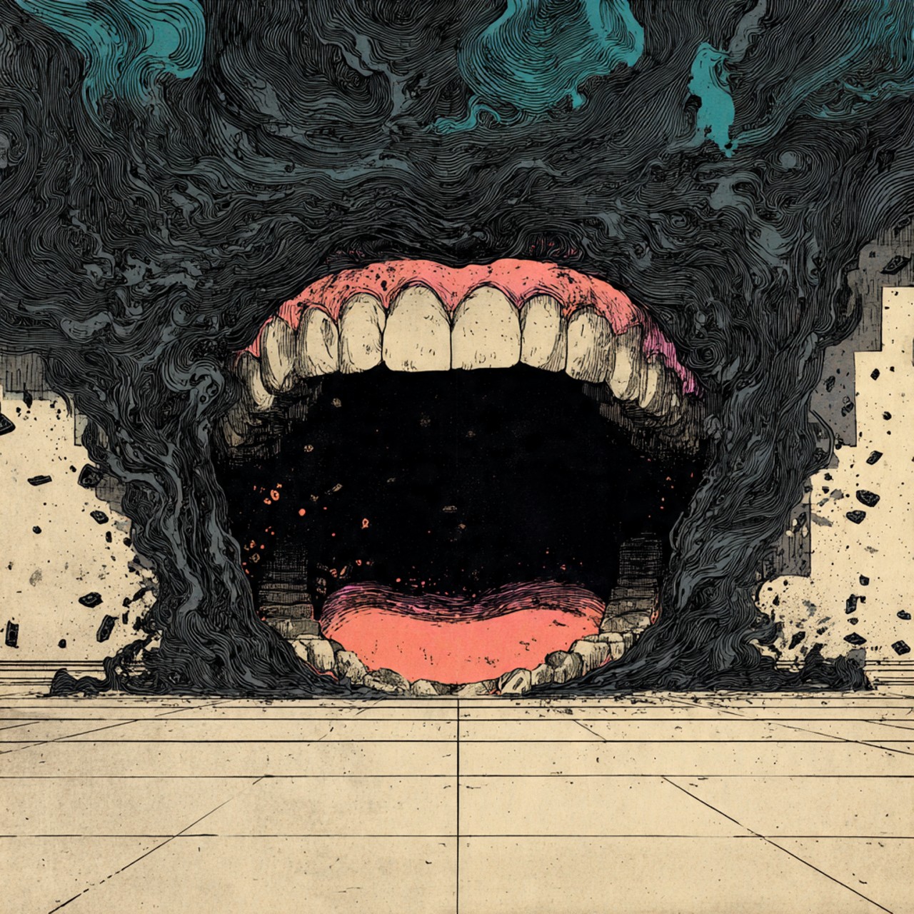 A pen-and-ink illustration of an enormous open mouth with pink gums and blocky teeth erupting through a tiled grey floor, surrounded by dense black smoke with teal wisps.