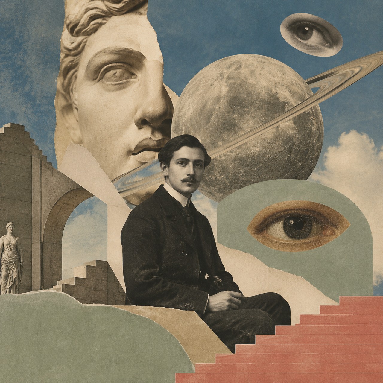 A vintage collage of a seated man in a dark suit surrounded by a broken classical bust, a ringed planet, two disembodied eyes, a marble statue and pink and green staircases.