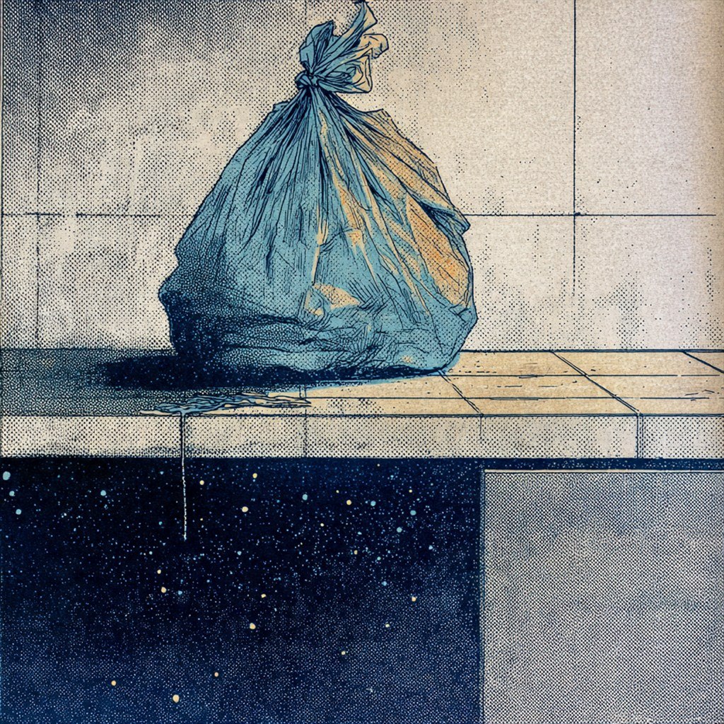 A tied blue bag rests between a tiled wall and a field of stars.