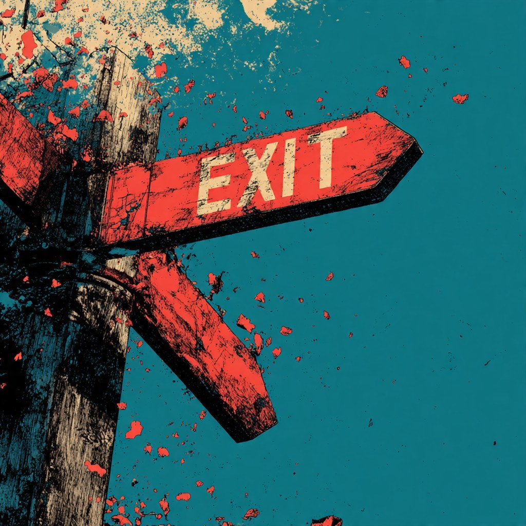 Conflicting red exit signs point through a fractured turquoise surface.