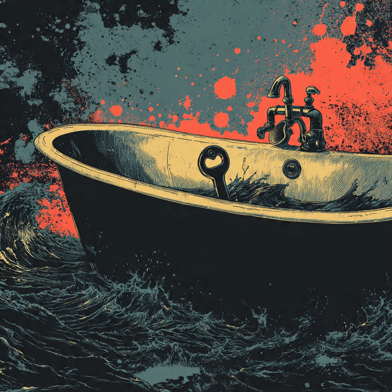Ocean in the Bath: bathtub, ocean waves, key, black water, surreal still life.