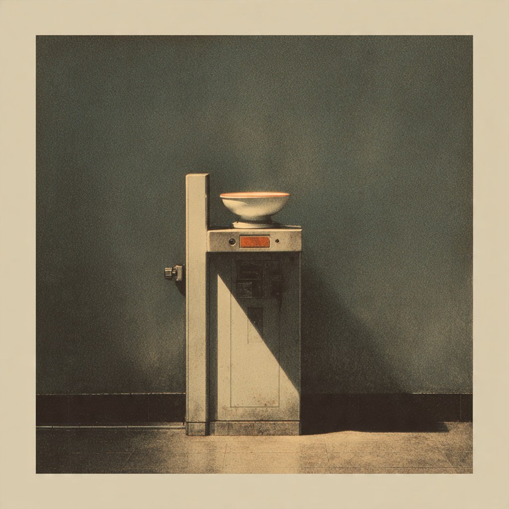 A white bowl waits above a narrow doorway inside a gray room.