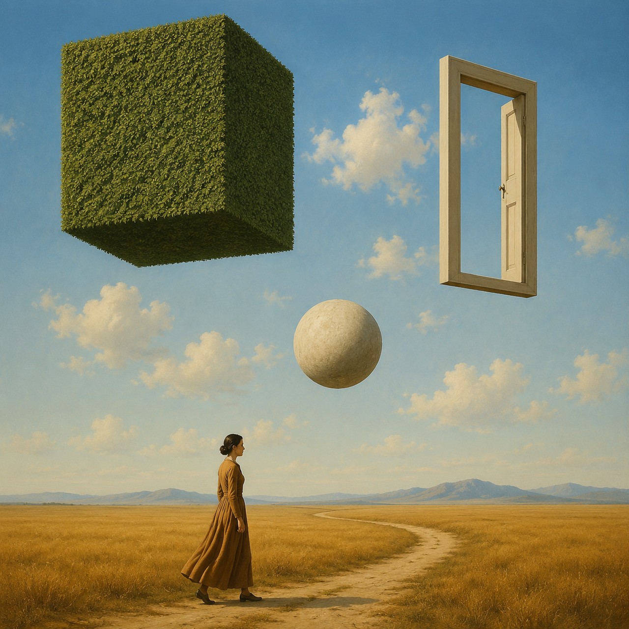 A grass-covered cube, a freestanding white door frame and a pale stone sphere float in a blue sky above a golden plain where a woman in a long dress walks along a dirt path.