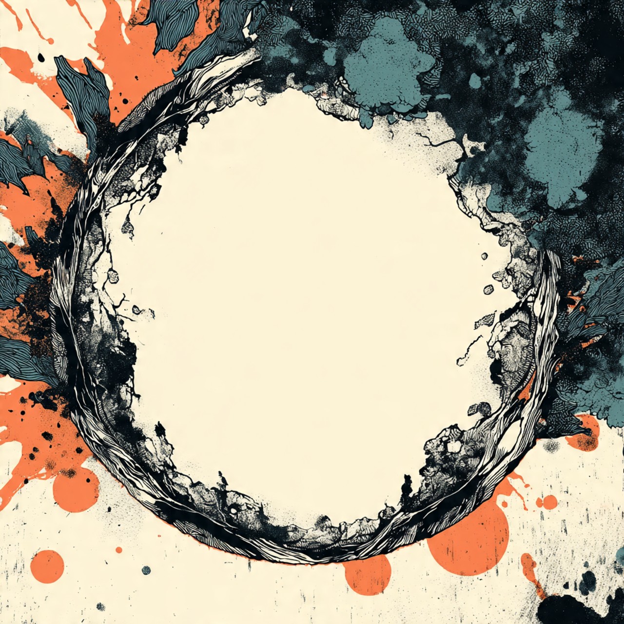 Open Circle: circular void, ink ring, botanical edge, negative space, abstract print.